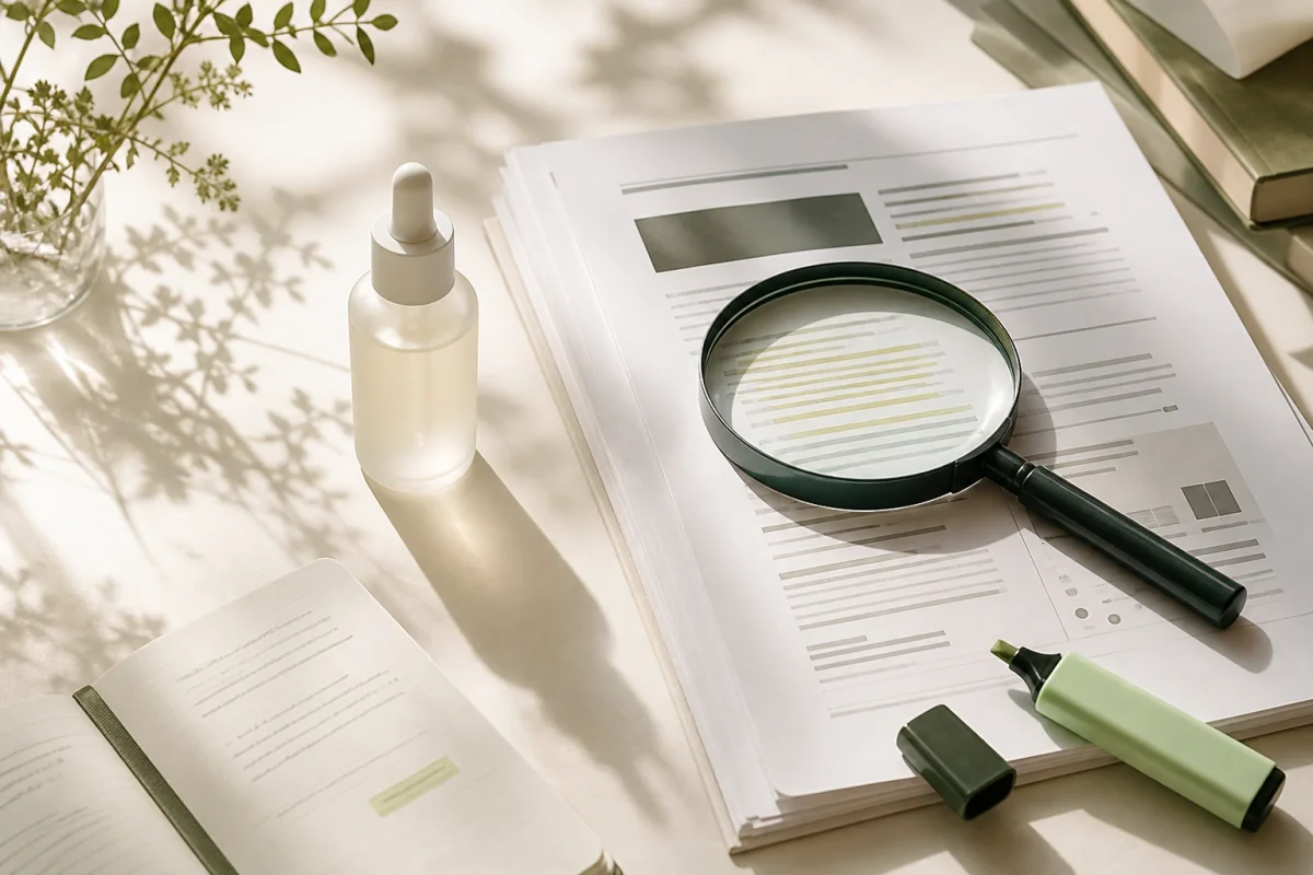 Magnifying glass over skincare research papers beside an unbranded serum bottle