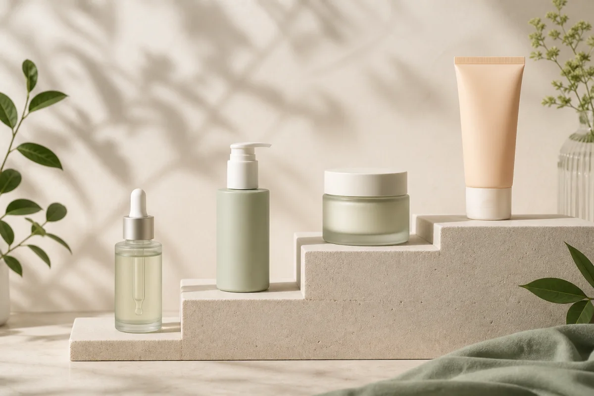 Four unbranded skincare products arranged from light serum to sunscreen on ascending steps